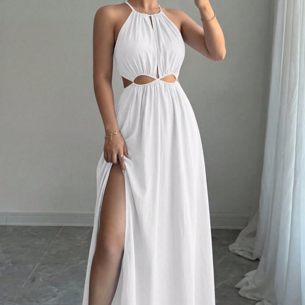 White Casual Women's Sleeveless Flowy Halter Maxi Dress